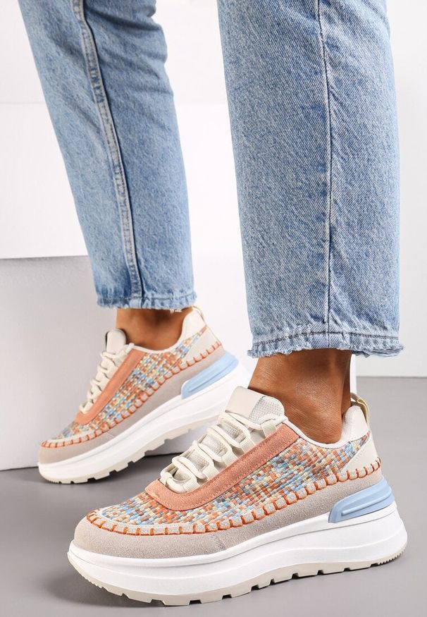 Renee - Pomarańczowe Sneakersy na Platformie Buffona. Kolor: beżowy. Obcas: na platformie