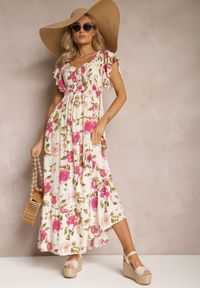 Renee - Jasnobeżowa Wiskozowa Sukienka w Kwiatowy Print Rozkloszowana Maxi Veradisia. Okazja: na plażę, na spacer. Kolor: beżowy. Materiał: wiskoza. Wzór: kwiaty, nadruk. Sezon: lato. Długość: maxi #5