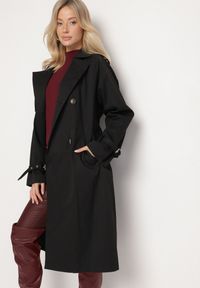 Born2be - Czarny Płaszcz Dwurzędowy Trencz Ozdobiony Paskiem i Pagonami Malwissa. Okazja: na co dzień. Kolor: czarny. Materiał: jeans. Wzór: aplikacja. Sezon: wiosna, jesień. Styl: casual, elegancki #7