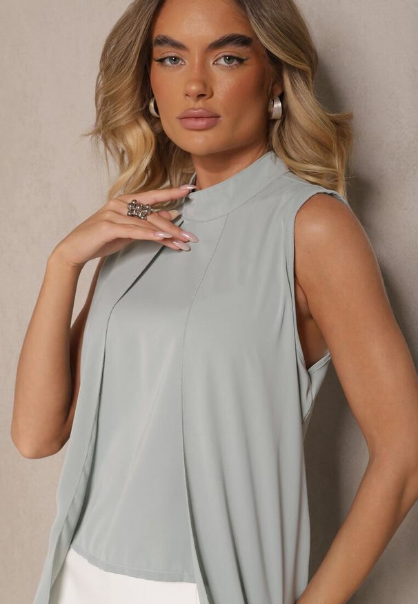 Renee - Jasnozielona Bluzka o Asymetrycznym Kroju Fadeselle. Okazja: na co dzień. Kolor: zielony. Materiał: jeans, skóra. Styl: casual