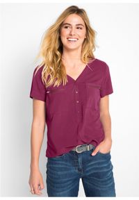 bonprix - Bluzka z wiskozy, krótki rękaw. Typ kołnierza: dekolt w serek. Kolor: fioletowy. Materiał: wiskoza. Długość rękawa: krótki rękaw. Długość: krótkie #1