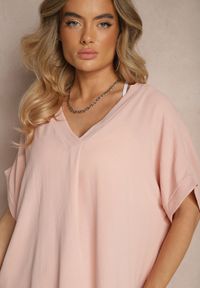Renee - Różowy Bawełniany Komplet Spodnie o Szerokim Kroju i T-shirt Oversize Seltebis. Kolor: różowy. Materiał: bawełna. Wzór: gładki, aplikacja, kolorowy