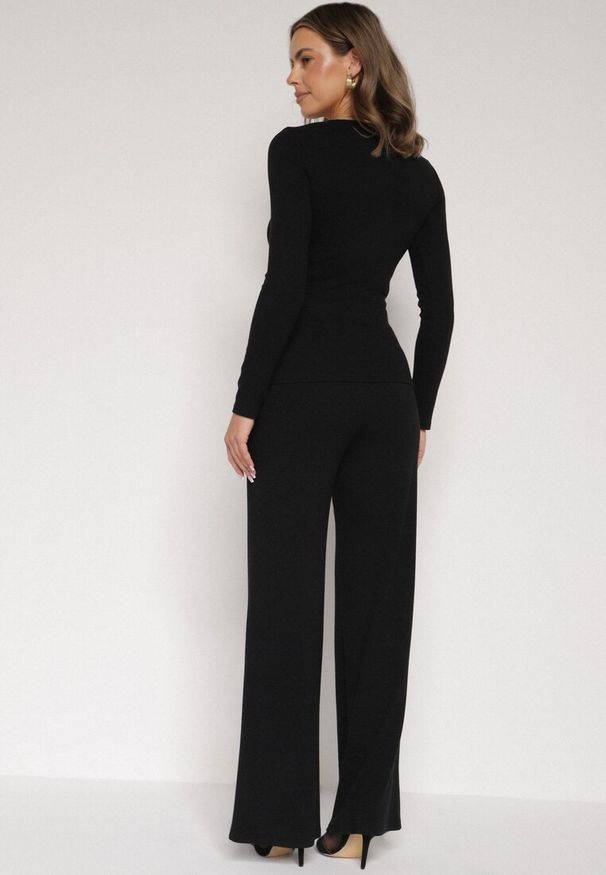 Born2be - Czarny Bawełniany Komplet Kopertowa Bluzka z Długim Rękawem i Spodnie Ferenna. Kolor: czarny. Materiał: bawełna