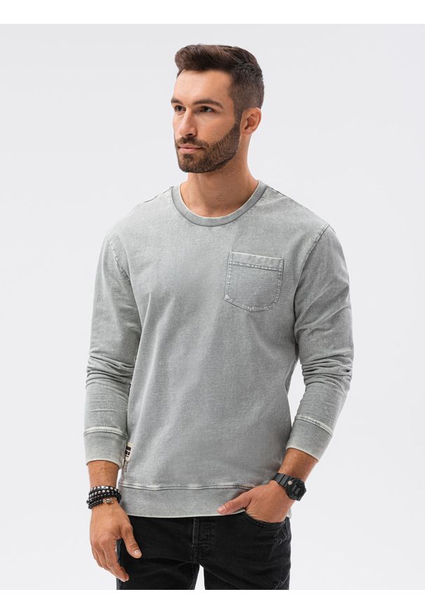 Ombre Clothing - Bluza męska bez kaptura bawełniana B1173 - jasnoszara - XXL. Typ kołnierza: bez kaptura. Kolor: szary. Materiał: bawełna. Wzór: aplikacja. Styl: klasyczny