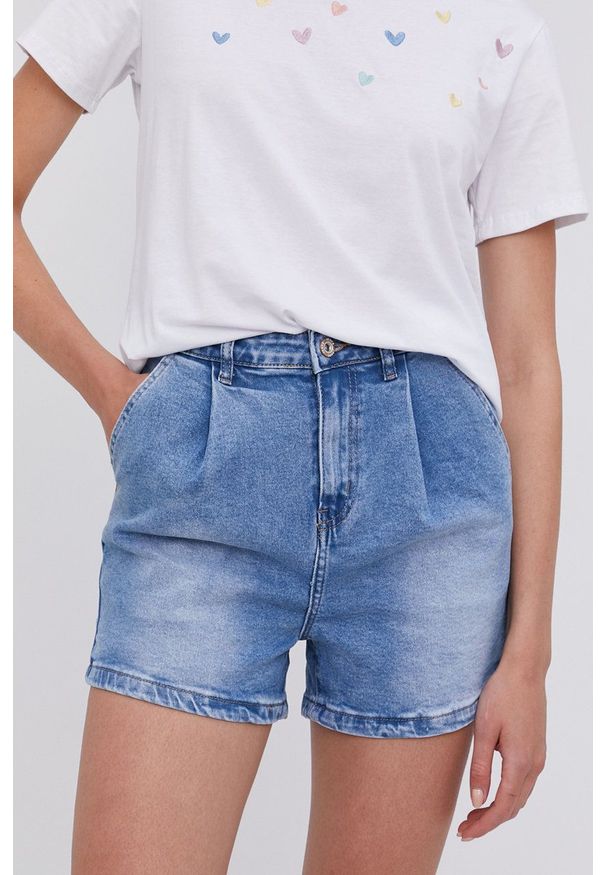 Answear Lab Szorty jeansowe damskie gładkie high waist. Okazja: na co dzień. Stan: podwyższony. Kolor: niebieski. Materiał: jeans. Wzór: gładki. Styl: wakacyjny