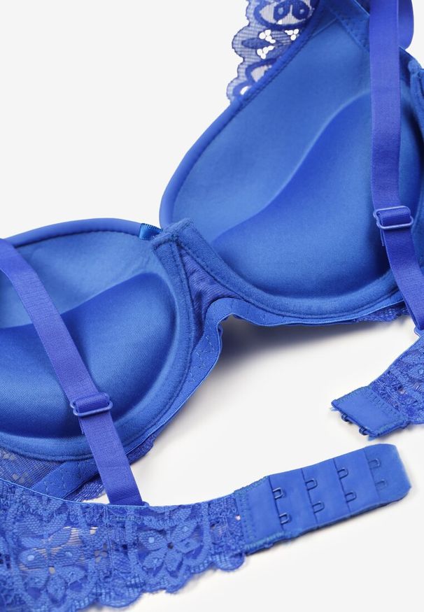 Renee - Granatowy Biustonosz z Efektem Push Up Ozdobiony Koronką Ivmeria. Kolor: niebieski. Materiał: koronka. Rodzaj stanika: push-up. Wzór: aplikacja, koronka