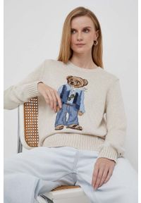 Polo Ralph Lauren sweter bawełniany kolor beżowy lekki. Typ kołnierza: polo. Kolor: beżowy. Materiał: bawełna. Długość rękawa: długi rękaw. Długość: długie. Styl: klasyczny #1