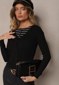 Renee - Czarny Prążkowany Rozpinany Kardigan z Wiskozą Pinnalia. Kolor: czarny. Materiał: wiskoza, prążkowany. Wzór: prążki. Styl: klasyczny, elegancki