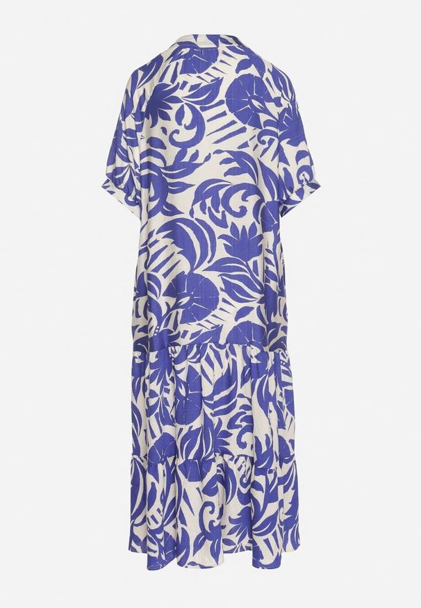 Born2be - Niebieska Wiskozowa Rozkloszowana Sukienka z Falbaną Filindania. Okazja: na co dzień. Kolor: niebieski. Materiał: wiskoza. Styl: casual, elegancki