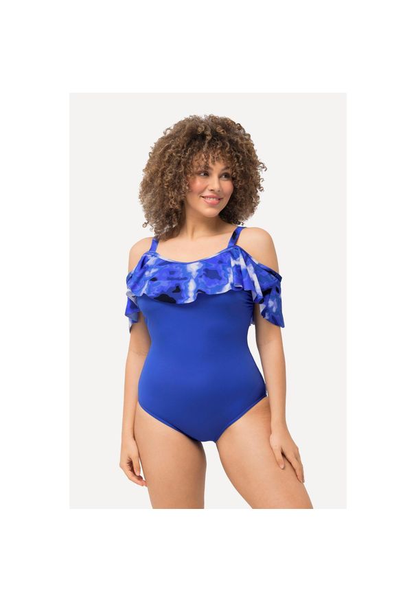 ULLA POPKEN - Damski Kostium kąpielowy falbana nadruk batikowy miękkie miseczki. Kolekcja: plus size. Kolor: niebieski. Materiał: elastan, poliamid, materiał. Wzór: nadruk