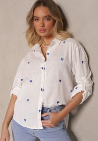 Renee - Biała Bawełniana Koszula w Serca Elearose. Okazja: na co dzień. Kolor: biały. Materiał: bawełna. Długość: długie. Styl: klasyczny, casual, elegancki #5