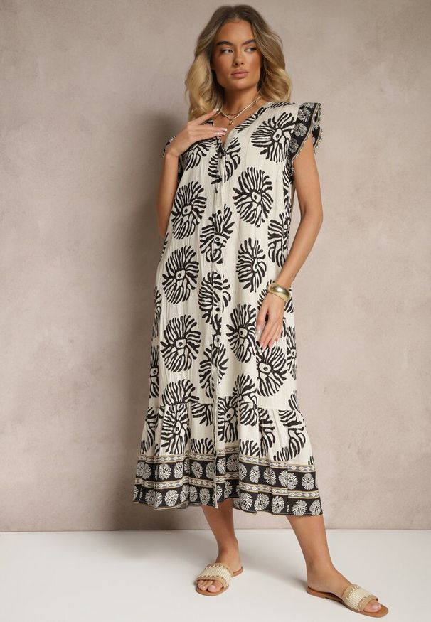 Renee - Czarna Sukienka Koszulowa z Wiskozą w Geometryczny Wzór Boredis. Okazja: na spotkanie biznesowe, do pracy, na co dzień. Typ kołnierza: kołnierz z falbankami. Kolor: czarny. Materiał: wiskoza. Wzór: geometria. Sezon: lato. Typ sukienki: koszulowe. Styl: elegancki, casual, biznesowy