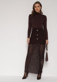 Born2be - Brązowa Dzianinowa Spódnica z Wiskozą Zdobiona Koronką i Guzikami Sewora. Okazja: na co dzień. Kolor: brązowy. Materiał: koronka, wiskoza, dzianina. Wzór: koronka, aplikacja. Styl: klasyczny, casual #1