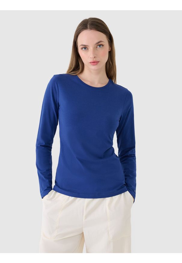 4f - 4F Longsleeve slim gładki damski - granatowy XS. Okazja: na co dzień. Kolor: niebieski. Materiał: jersey, elastan, dzianina, bawełna, materiał. Długość rękawa: długi rękaw. Długość: długie. Wzór: gładki. Styl: sportowy, casual