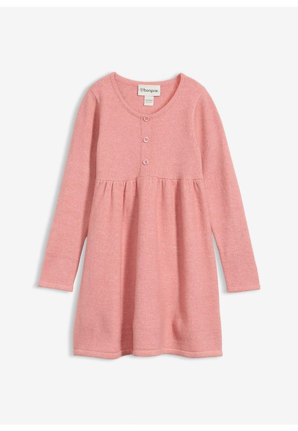 bonprix - Sukienka dzianinowa z ozdobną plisą guzikową. Kolor: różowy. Materiał: dzianina. Styl: elegancki