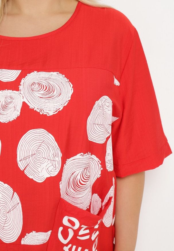 Born2be - Czerwony Bawełniany T-shirt z Nadrukiem i Kieszonką Lovelina. Kolor: czerwony. Materiał: bawełna. Wzór: nadruk. Styl: klasyczny, elegancki
