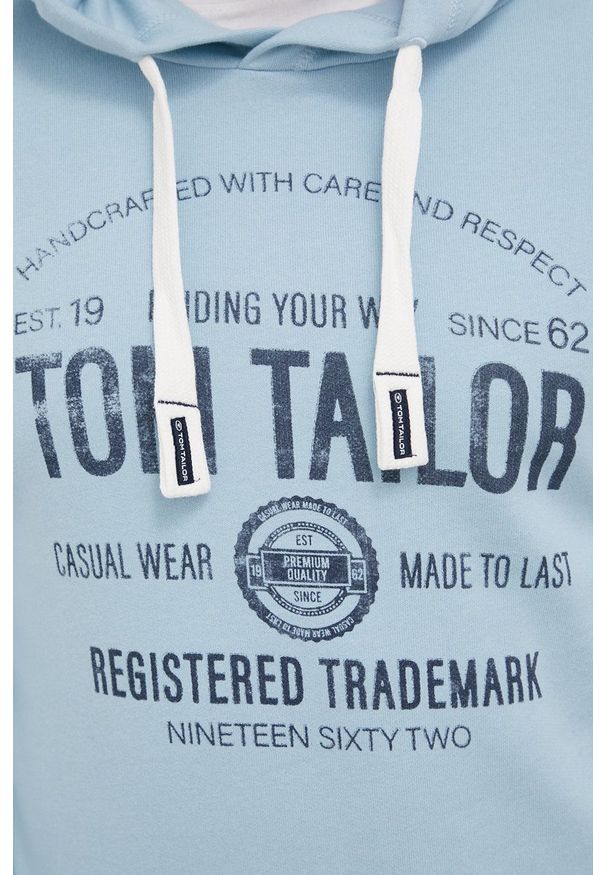 Tom Tailor Bluza bawełniana męska z kapturem z nadrukiem. Okazja: na co dzień. Typ kołnierza: kaptur. Kolor: niebieski. Materiał: bawełna. Wzór: nadruk. Styl: casual