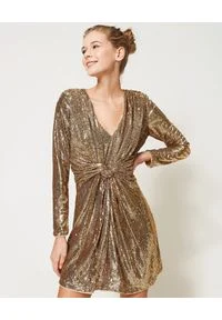 TwinSet - TWINSET - Złota cekinowa sukienka mini. Kolor: złoty. Długość rękawa: długi rękaw. Wzór: aplikacja. Długość: mini #1
