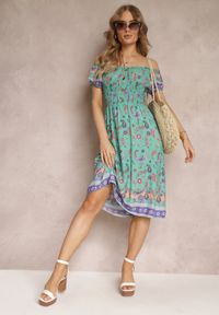 Renee - Miętowa Bawełniana Sukienka Hiszpanka z Gumką w Pasie i Wzorem Paisley Maggies. Typ kołnierza: dekolt hiszpanka. Kolor: miętowy. Materiał: bawełna. Wzór: paisley