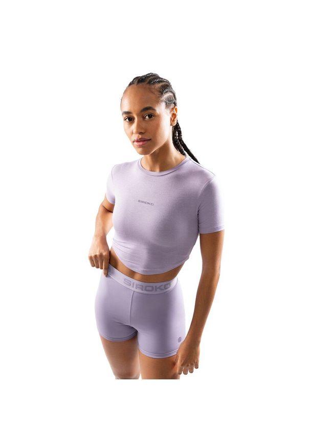 SIROKO - Damska koszulka treningowa crop top z krótkim rękawem Fitness Siroko Harmony. Kolor: fioletowy. Materiał: tkanina. Długość rękawa: krótki rękaw. Długość: krótkie. Sport: fitness