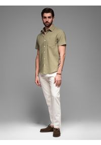 Ombre Clothing - Męska koszula z bawełny i lnu z krótkim rękawem i kieszonką – oliwkowa V6 - Rozmiar: XXL. Kolor: oliwkowy. Materiał: len, bawełna. Długość rękawa: krótki rękaw. Długość: krótkie. Sezon: lato #6
