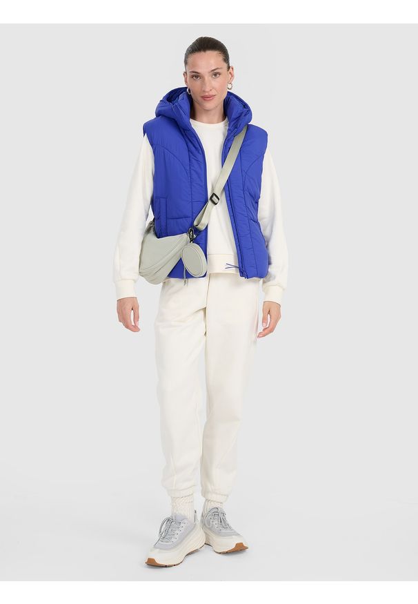 4f - 4F Bezrękawnik puchowy z wypełnieniem syntetycznym damski - niebieski XS. Okazja: na co dzień. Typ kołnierza: kołnierzyk stójkowy. Kolor: niebieski. Materiał: puch, syntetyk. Długość rękawa: bez rękawów. Styl: casual