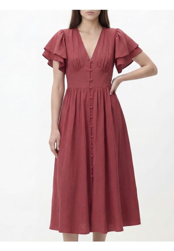 Reserved - Sukienka midi z modalem - czerwony. Kolor: czerwony. Materiał: tkanina. Długość: midi