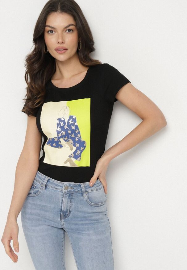 Born2be - Czarny Bawełniany T-shirt z Ozdobnym Nadrukiem Setonisea. Okazja: na co dzień. Kolor: czarny. Materiał: bawełna. Wzór: nadruk. Styl: casual