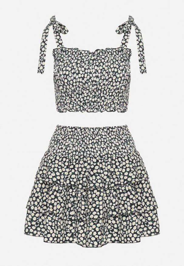 Born2be - Czarny Komplet z Bawełną Top na Wiązanych Ramiączkach Spódnica z Falbanami Sariviane. Kolor: czarny. Materiał: bawełna. Wzór: kwiaty