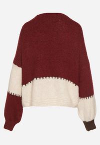 Born2be - Bordowy Kardigan z Wełną i Wiskozą w Patchworkowe Łaty Fesunesa. Okazja: na co dzień. Kolor: czerwony. Materiał: wełna, wiskoza. Styl: klasyczny, casual