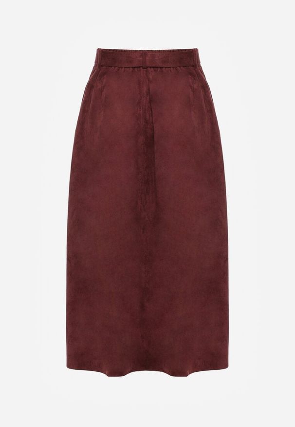 Born2be - Bordowa Rozkloszowana Wiskozowa Spódnica z Bawełną Ozdobiona Paskiem Nawedea. Okazja: na co dzień. Kolor: czerwony. Materiał: wiskoza, bawełna. Wzór: aplikacja. Styl: casual, elegancki, klasyczny