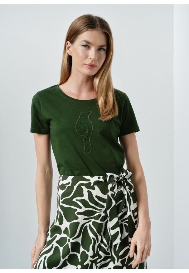 Ochnik - T-shirt damski zielony z ozdobną wilgą. Kolor: zielony. Materiał: bawełna. Wzór: aplikacja