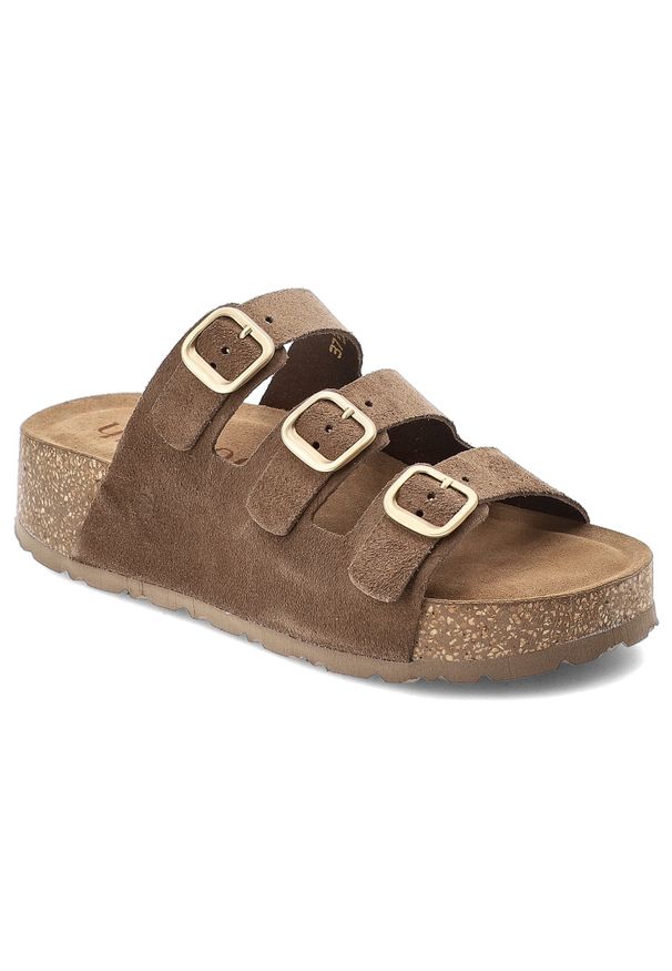 Klapki damskie Yokono, cholewka ze skóry naturalnej zamszowej z trzema szerokimi paskami z regulacją, brązowe, Wiwi-263 Ser Lodo. Kolor: brązowy. Materiał: skóra, zamsz