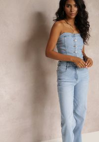 Renee - Niebieski Długi Kombinezon z Jeansu bez Ramiączek Ediekesa. Kolor: niebieski. Materiał: jeans. Długość rękawa: bez ramiączek. Długość: długie #2