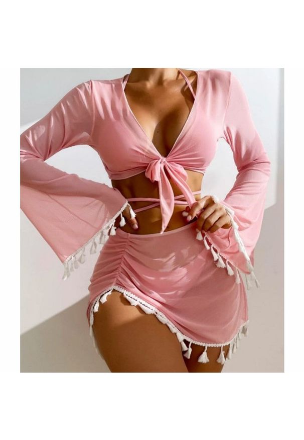 Intica - Komplet bikini z pareo i wielofunkcyjnym topem na plażę Maili. Kolor: niebieski. Materiał: materiał. Wzór: aplikacja