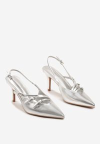 Born2be - Srebrne Sandały z Ekoskóry na Szpilce z Odkrytą Piętą i Regulowanymi Paskami Ellada. Zapięcie: pasek. Kolor: srebrny. Materiał: koronka. Sezon: lato. Obcas: na szpilce #5