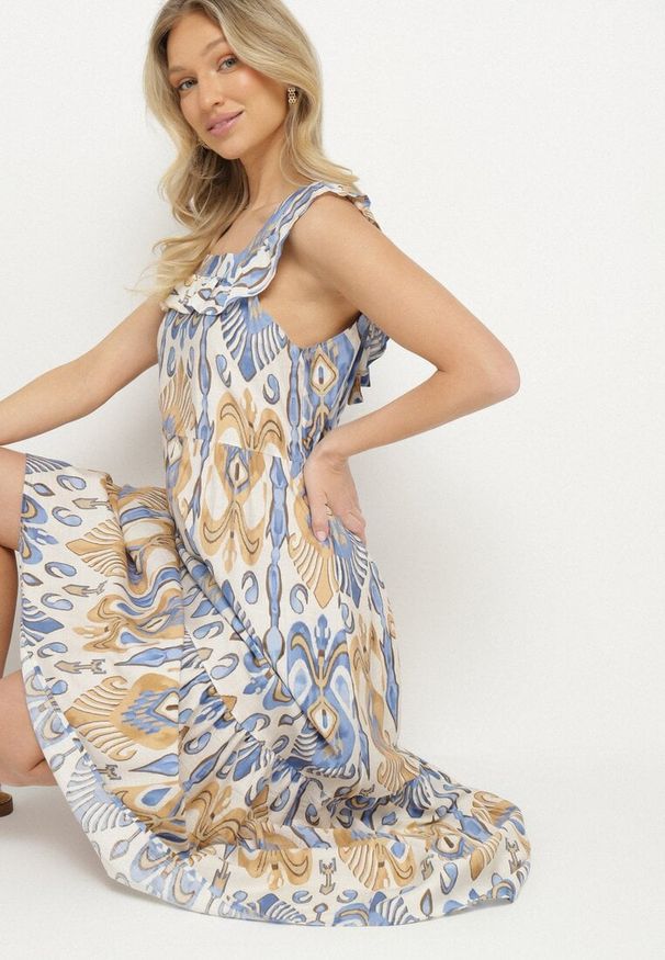 Born2be - Niebieska Rozkloszowana Sukienka z Wiskozą Wiązana na Plecach w Print Boho Turielia. Okazja: na spacer. Kolor: niebieski. Materiał: wiskoza. Długość rękawa: na ramiączkach. Wzór: nadruk. Sezon: lato. Styl: boho