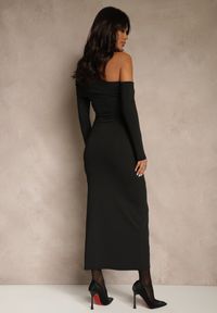 Renee - Czarna Sukienka z Wiskozą Aplikacją Marszczeniem i Wywiniętym Dekoltem Reilenna. Kolor: czarny. Materiał: wiskoza. Wzór: aplikacja #3