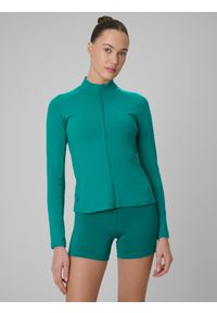 4f - 4F Bluza treningowa slim szybkoschnąca damska - turkusowa L. Okazja: na co dzień. Typ kołnierza: kołnierzyk stójkowy. Kolor: turkusowy. Materiał: włókno. Styl: casual, klasyczny, sportowy #1