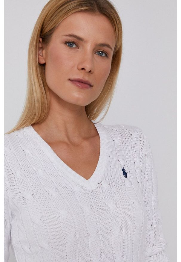 Polo Ralph Lauren - Sweter. Okazja: na co dzień. Typ kołnierza: polo. Kolor: biały. Długość rękawa: długi rękaw. Długość: długie. Wzór: ze splotem. Styl: casual