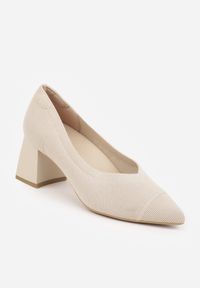 Renee - Beżowe Czółenka VICES na Geometrycznym Słupku Daphilane. Kolor: beżowy. Materiał: skóra. Wzór: geometria. Obcas: na słupku. Styl: elegancki #9