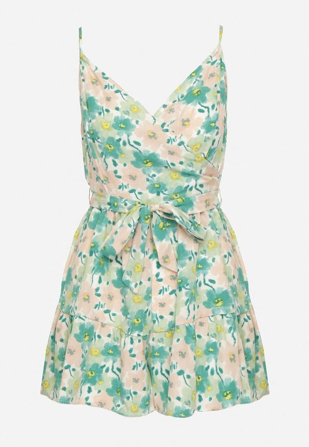 Born2be - Zielony Kombinezon na Ramiączkach z Wiązanym Paskiem w Kwiatowy Wzór Nelle. Okazja: na co dzień. Kolor: zielony. Długość rękawa: na ramiączkach. Wzór: kwiaty. Styl: casual, elegancki