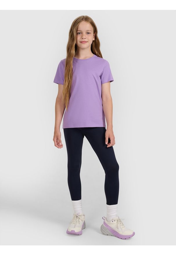 4f - 4F T-shirt regular gładki dziewczęcy - fioletowa 146 (10-11 lat). Okazja: na co dzień. Kolor: fioletowy. Materiał: jersey, bawełna, materiał. Długość rękawa: krótki rękaw. Długość: krótkie. Wzór: gładki. Sezon: lato. Styl: casual, klasyczny, młodzieżowy, sportowy