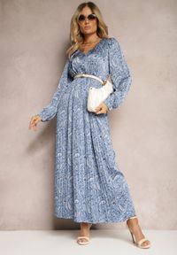 Renee - Niebieska Rozkloszowana Sukienka z Plisowanym Dołem Wykończona Guzikami Xilalara. Kolor: niebieski. Materiał: tkanina #5
