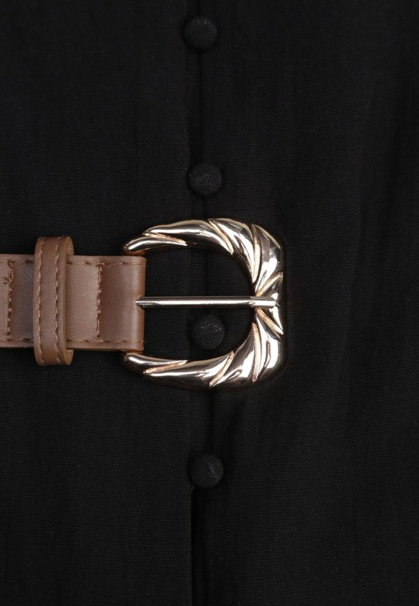 Born2be - Czarna Taliowana Sukienka z Bawełną i Wiskozą Ozdobiona Paskiem Luven. Okazja: na co dzień. Kolor: czarny. Materiał: wiskoza, bawełna. Wzór: aplikacja. Typ sukienki: proste. Styl: elegancki, casual