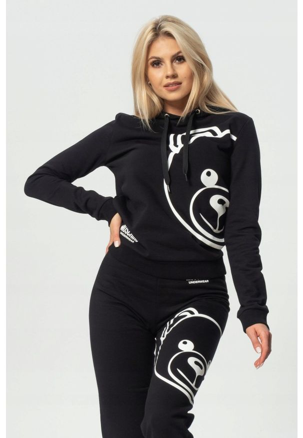 MOSCHINO Czarna damska bluza z kapturem, Rozmiar XS. Typ kołnierza: kaptur. Kolor: czarny. Materiał: bawełna. Wzór: nadruk