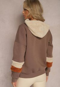 Renee - Brązowa Bawełniana Bluza z Kapturem i Wstawkami z Polaru Qilin. Typ kołnierza: kaptur. Kolor: brązowy. Materiał: polar, bawełna. Wzór: aplikacja #4