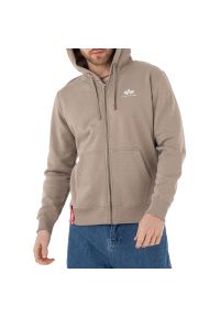 Bluza Alpha Industries Basic Zip Hoody SL 118342679 - beżowa. Typ kołnierza: kaptur. Kolor: beżowy. Materiał: bawełna, poliester. Wzór: nadruk, aplikacja. Styl: sportowy