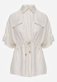 Born2be - Jasnobeżowa Nietoperzowa Koszula Safari z Lnem i Wiskozą ze Ściągaczem w Pasie Mezriss. Okazja: na co dzień, do pracy, na spotkanie biznesowe. Kolor: beżowy. Materiał: wiskoza, len. Styl: casual, biznesowy #5