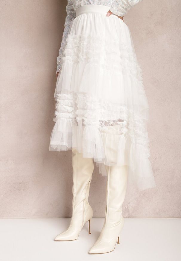 Renee - Biała Spódnica Rozkloszowana z Falbankami i Siateczką Solowai. Kolor: biały. Wzór: aplikacja